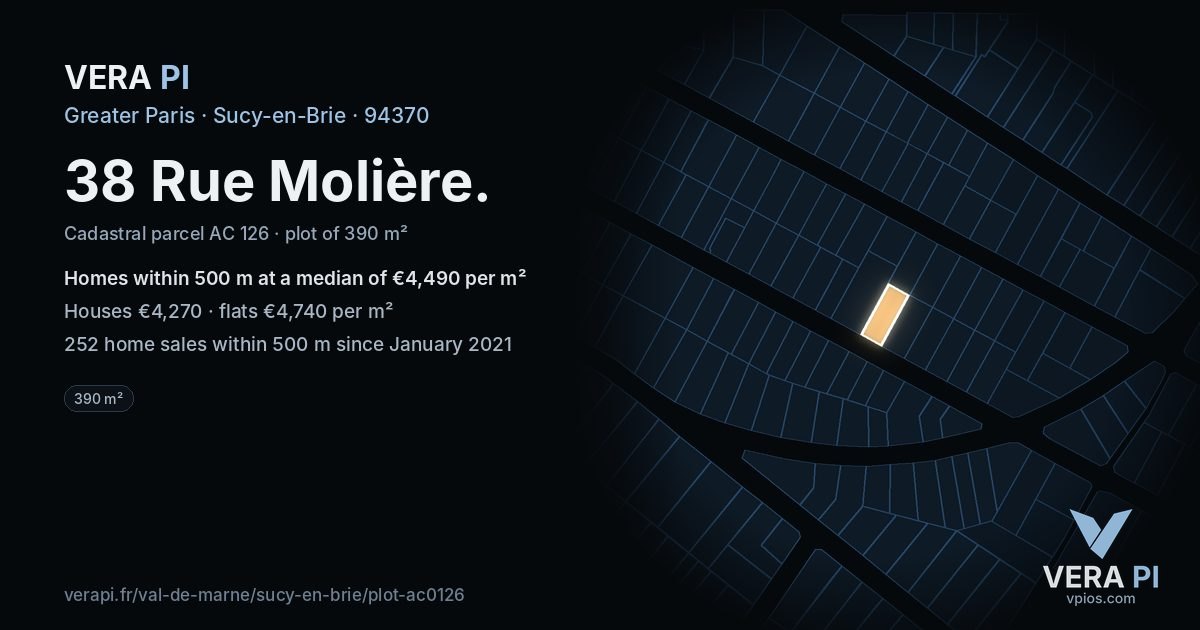 38 Rue Molière, Sucy-en-Brie at night – the plot lit, the parcels around coloured by the prices near them