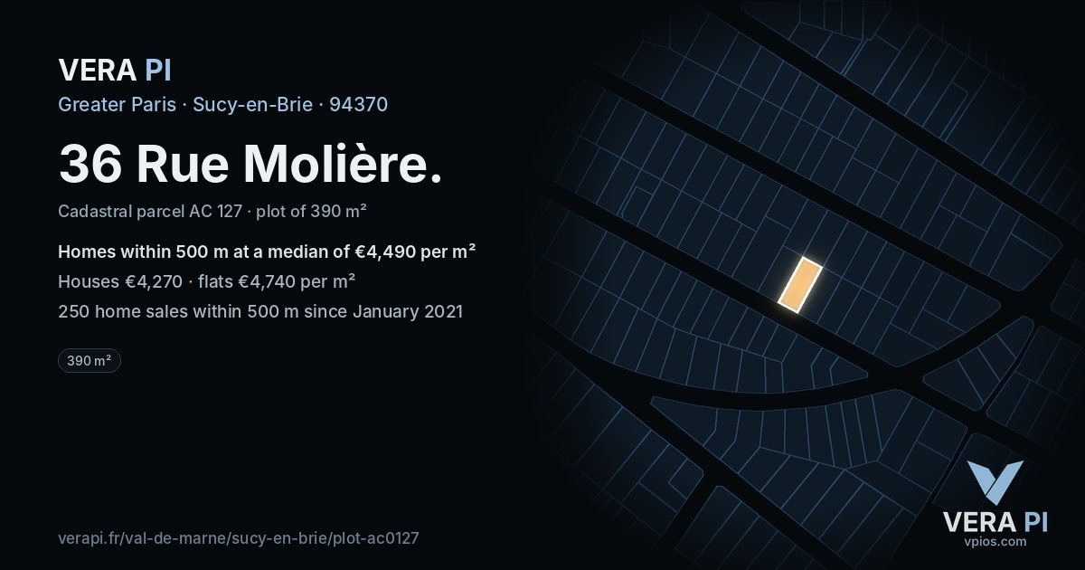 36 Rue Molière, Sucy-en-Brie at night – the plot lit, the parcels around coloured by the prices near them