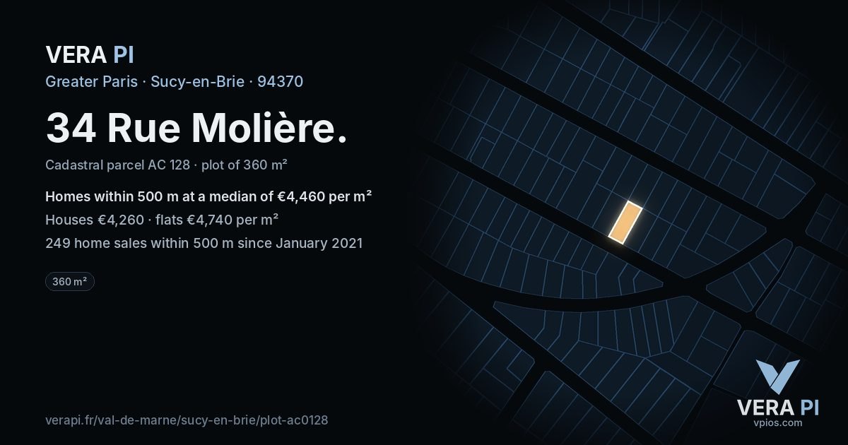 34 Rue Molière, Sucy-en-Brie at night – the plot lit, the parcels around coloured by the prices near them