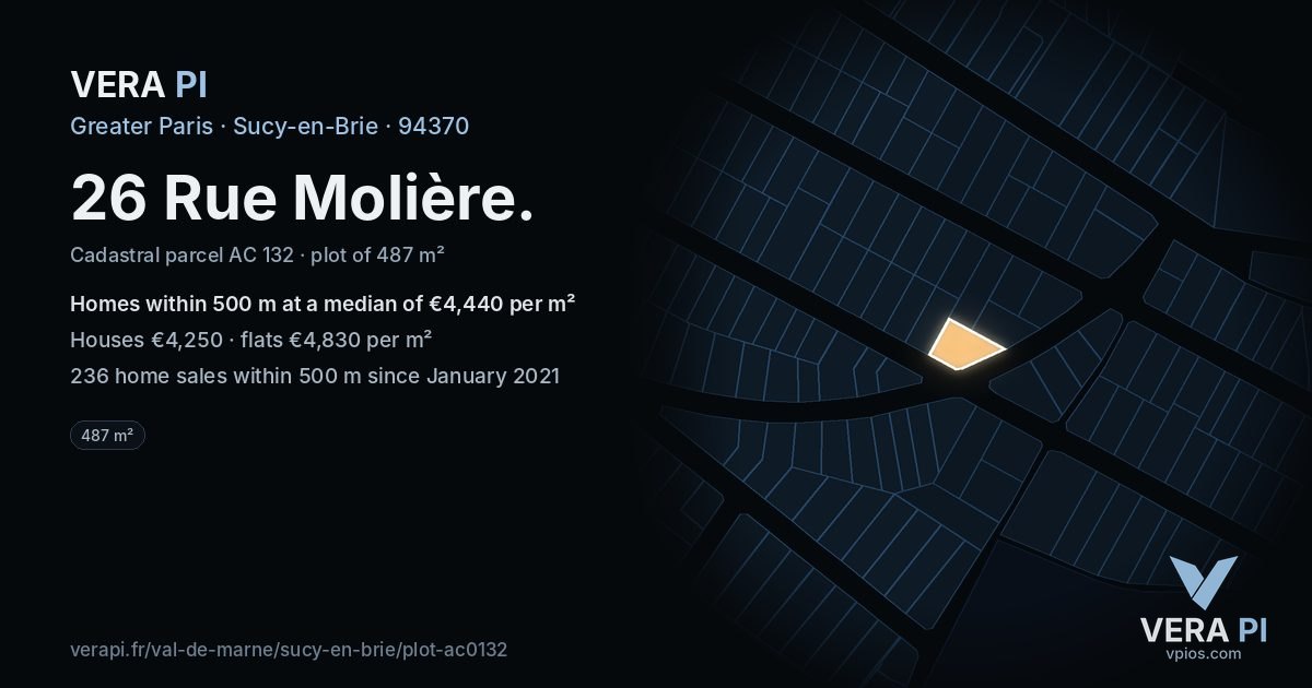 26 Rue Molière, Sucy-en-Brie at night – the plot lit, the parcels around coloured by the prices near them