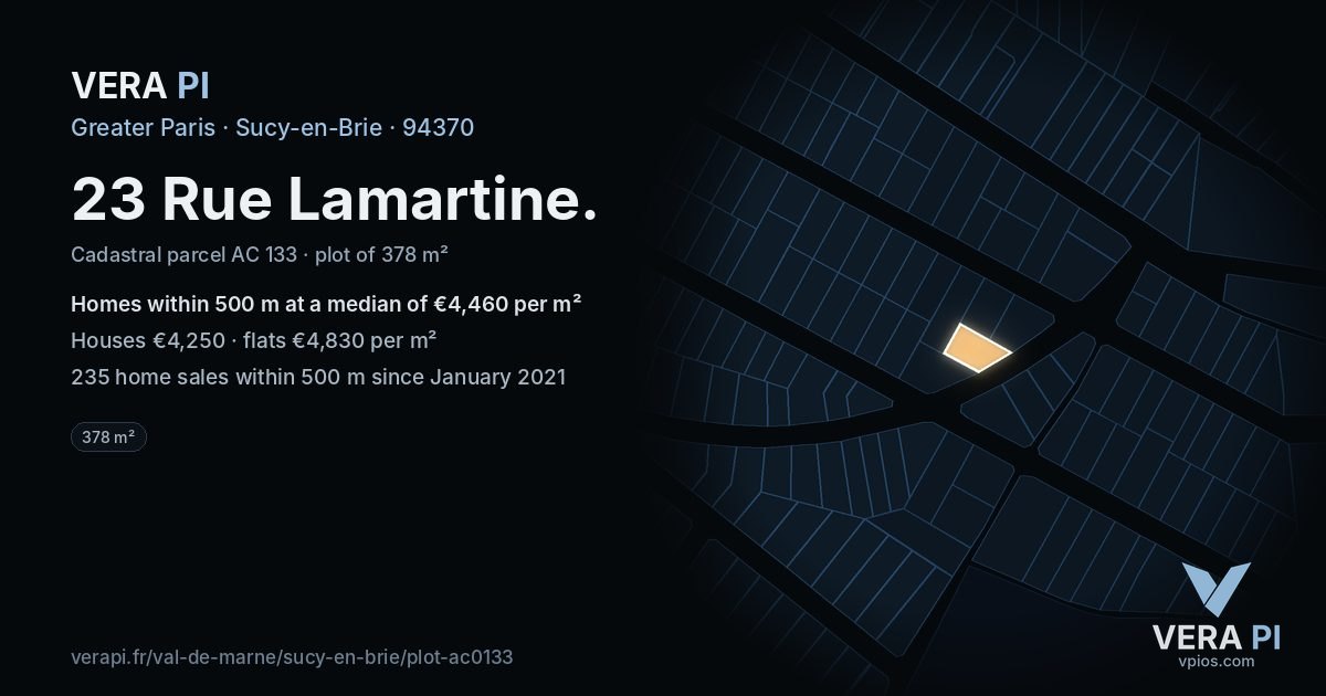 23 Rue Lamartine, Sucy-en-Brie at night – the plot lit, the parcels around coloured by the prices near them