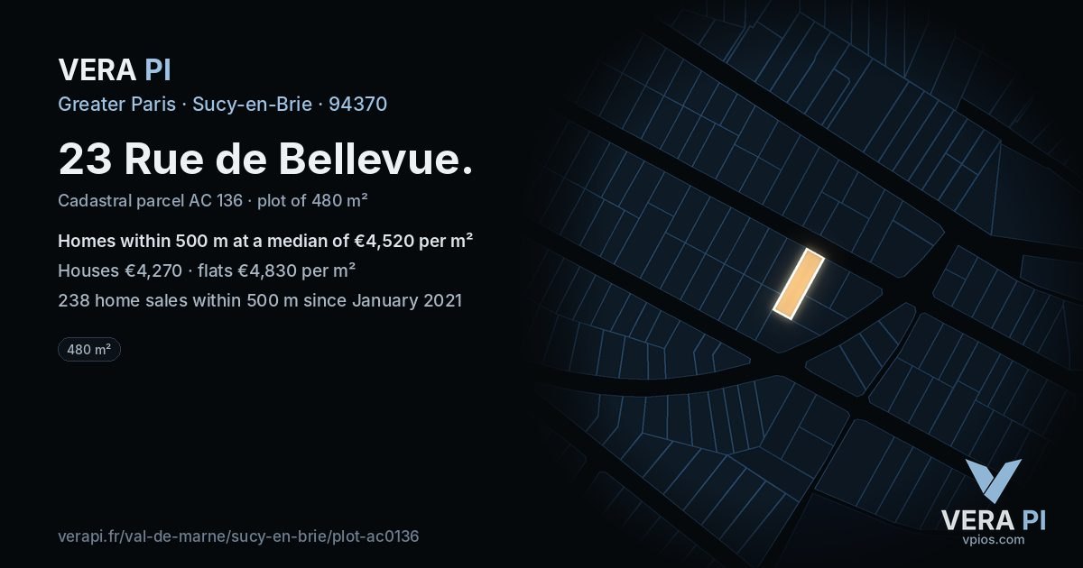23 Rue de Bellevue, Sucy-en-Brie at night – the plot lit, the parcels around coloured by the prices near them
