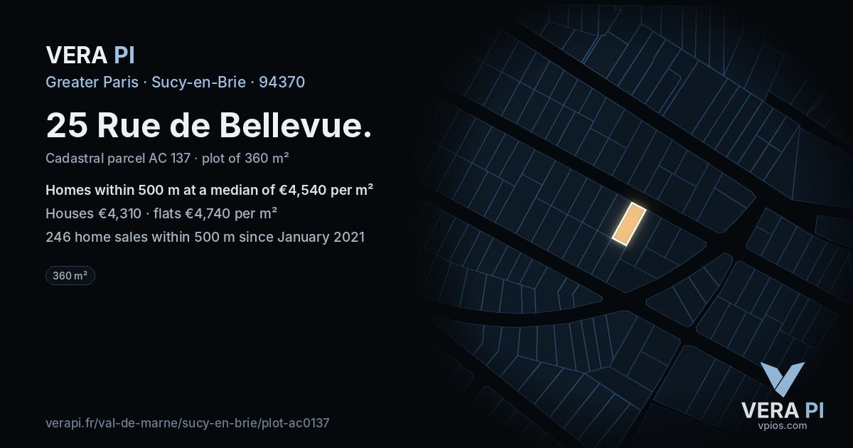 25 Rue de Bellevue, Sucy-en-Brie at night – the plot lit, the parcels around coloured by the prices near them