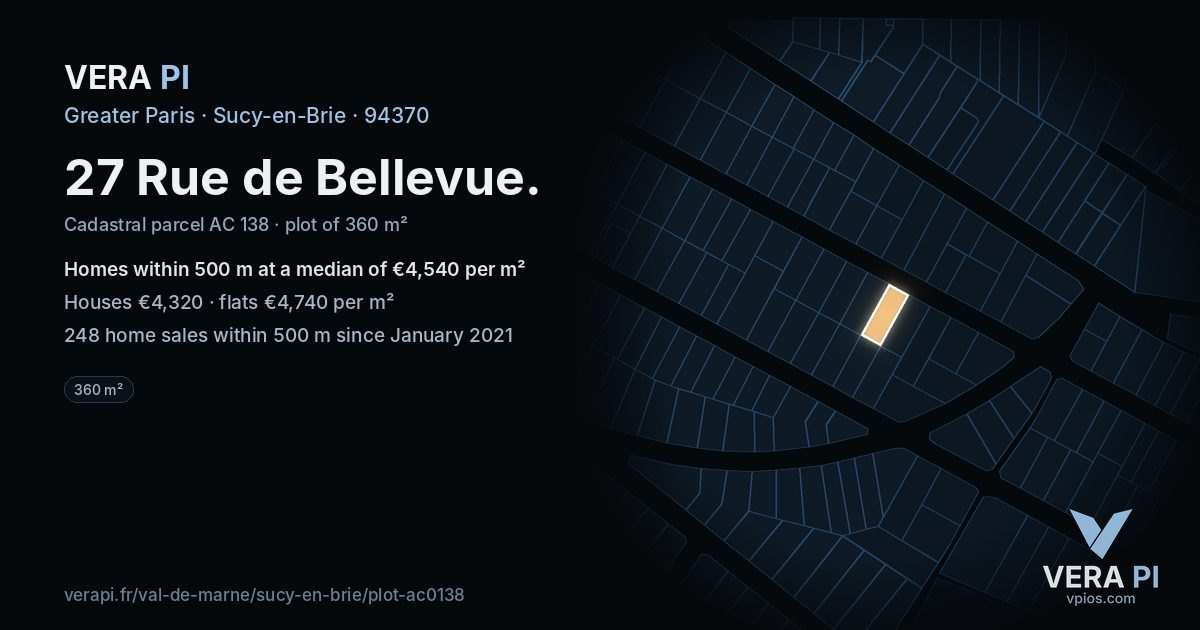 27 Rue de Bellevue, Sucy-en-Brie at night – the plot lit, the parcels around coloured by the prices near them