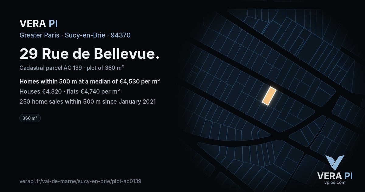 29 Rue de Bellevue, Sucy-en-Brie at night – the plot lit, the parcels around coloured by the prices near them