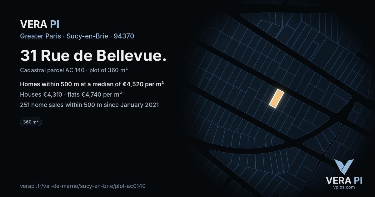 31 Rue de Bellevue, Sucy-en-Brie at night – the plot lit, the parcels around coloured by the prices near them