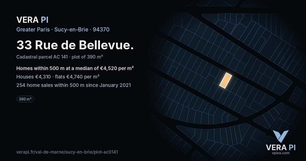 33 Rue de Bellevue, Sucy-en-Brie at night – the plot lit, the parcels around coloured by the prices near them
