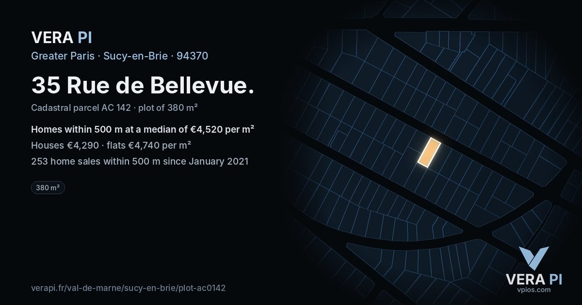 35 Rue de Bellevue, Sucy-en-Brie at night – the plot lit, the parcels around coloured by the prices near them