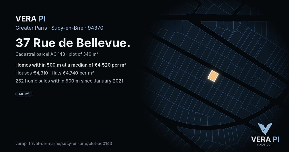 37 Rue de Bellevue, Sucy-en-Brie at night – the plot lit, the parcels around coloured by the prices near them