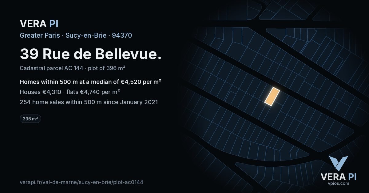 39 Rue de Bellevue, Sucy-en-Brie at night – the plot lit, the parcels around coloured by the prices near them