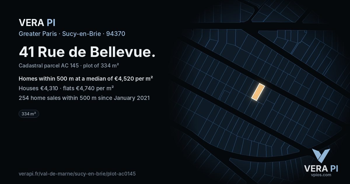 41 Rue de Bellevue, Sucy-en-Brie at night – the plot lit, the parcels around coloured by the prices near them