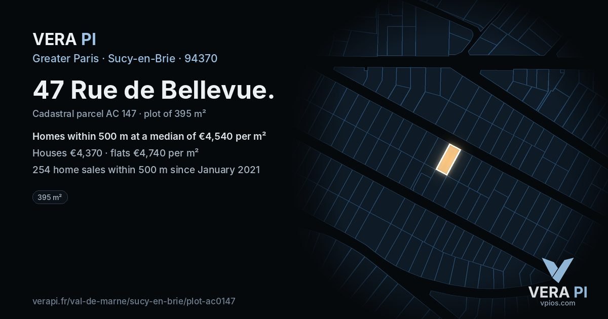 47 Rue de Bellevue, Sucy-en-Brie at night – the plot lit, the parcels around coloured by the prices near them