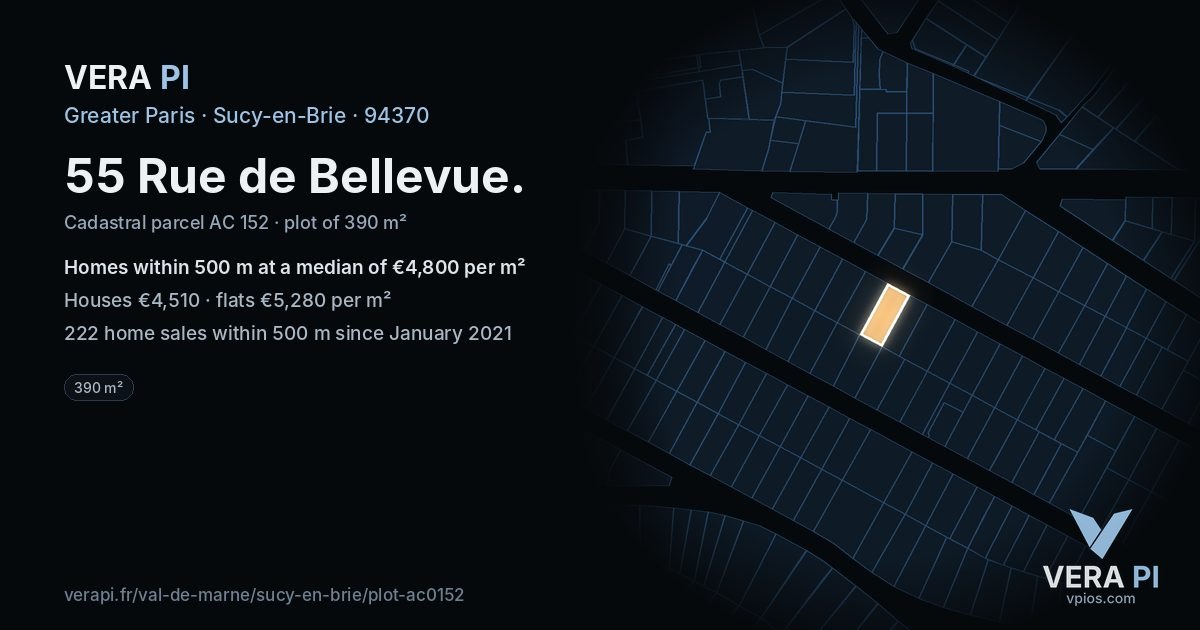 55 Rue de Bellevue, Sucy-en-Brie at night – the plot lit, the parcels around coloured by the prices near them
