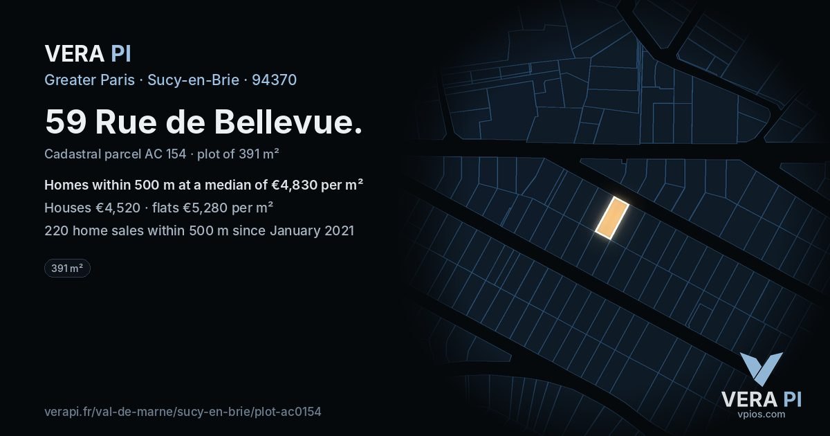 59 Rue de Bellevue, Sucy-en-Brie at night – the plot lit, the parcels around coloured by the prices near them
