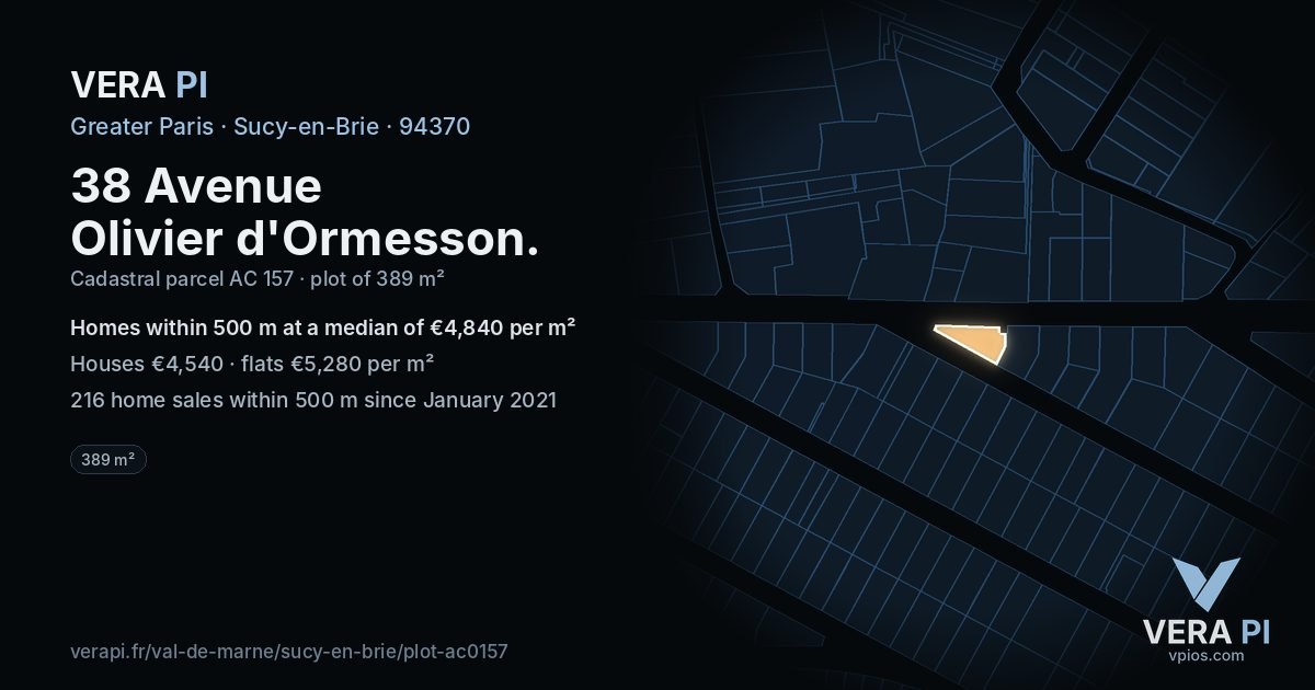 38 Avenue Olivier d'Ormesson, Sucy-en-Brie at night – the plot lit, the parcels around coloured by the prices near them