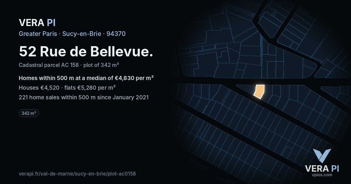 52 Rue de Bellevue, Sucy-en-Brie at night – the plot lit, the parcels around coloured by the prices near them