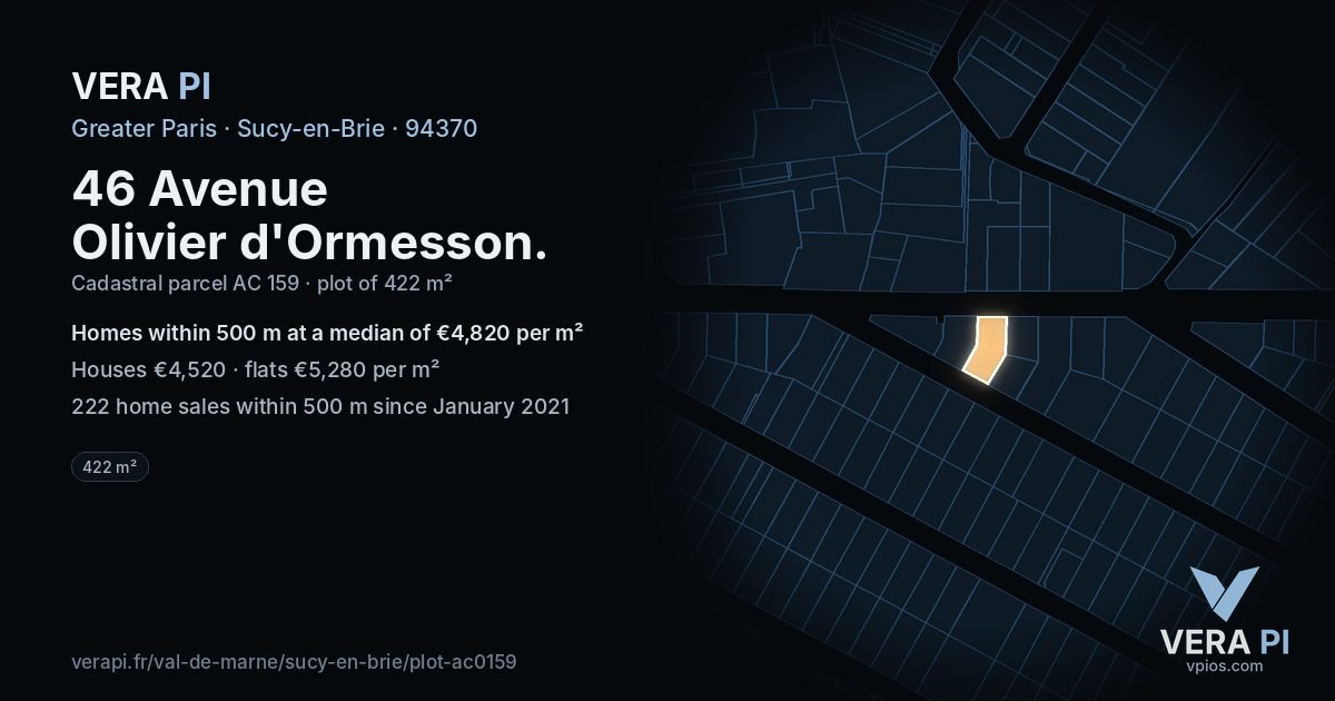 46 Avenue Olivier d'Ormesson, Sucy-en-Brie at night – the plot lit, the parcels around coloured by the prices near them