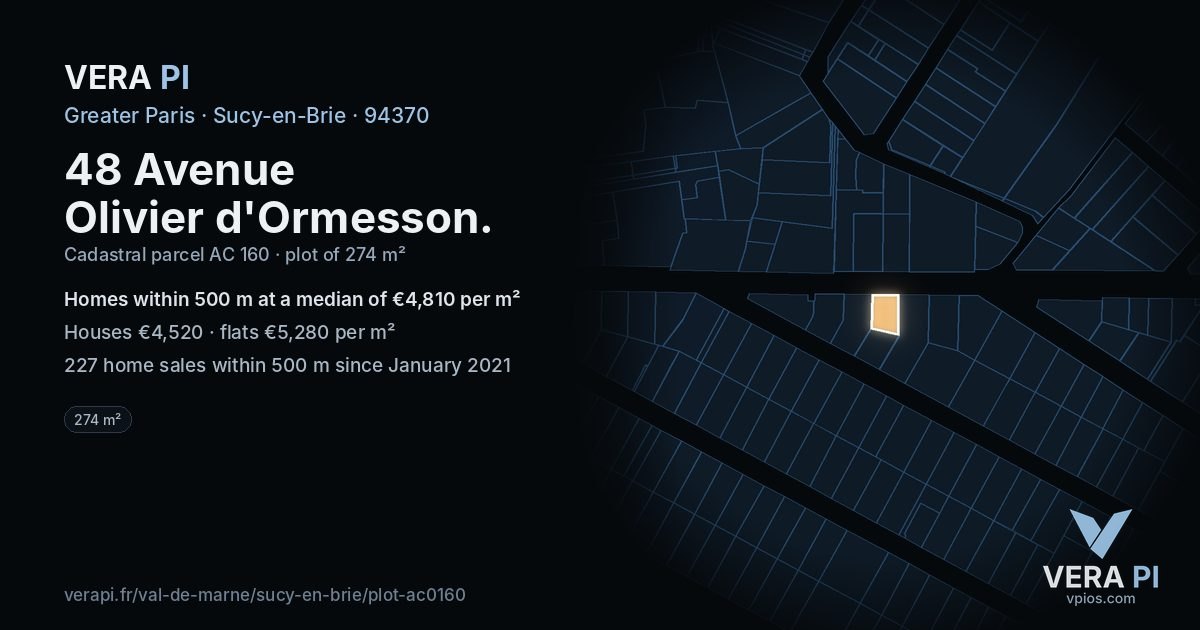 48 Avenue Olivier d'Ormesson, Sucy-en-Brie at night – the plot lit, the parcels around coloured by the prices near them