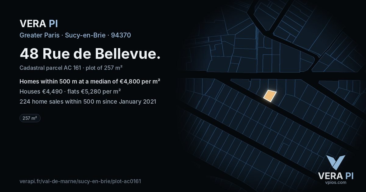 48 Rue de Bellevue, Sucy-en-Brie at night – the plot lit, the parcels around coloured by the prices near them