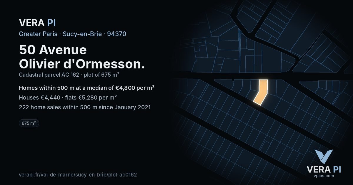 50 Avenue Olivier d'Ormesson, Sucy-en-Brie at night – the plot lit, the parcels around coloured by the prices near them
