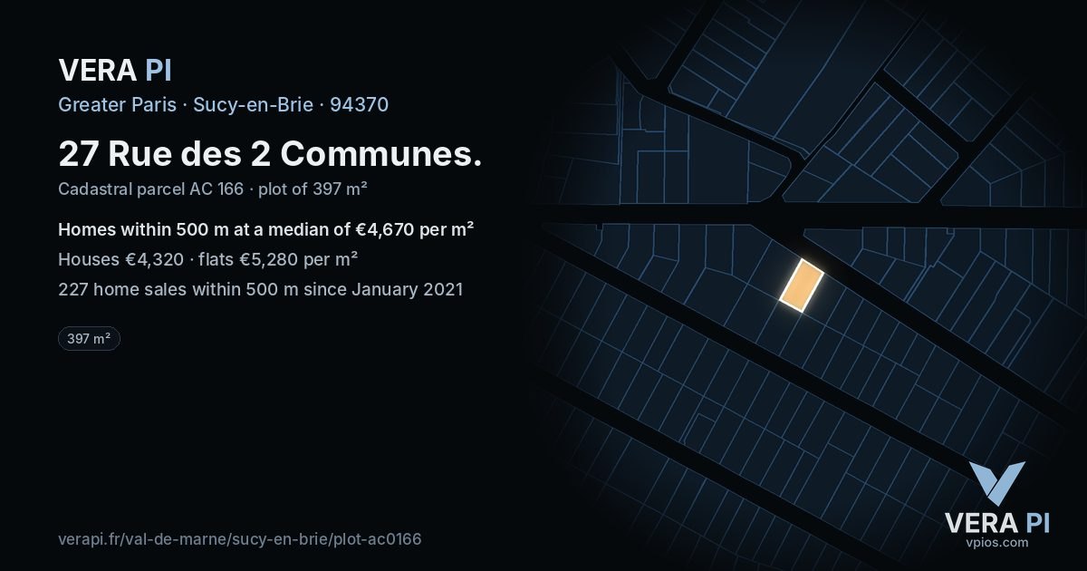 27 Rue des 2 Communes, Sucy-en-Brie at night – the plot lit, the parcels around coloured by the prices near them