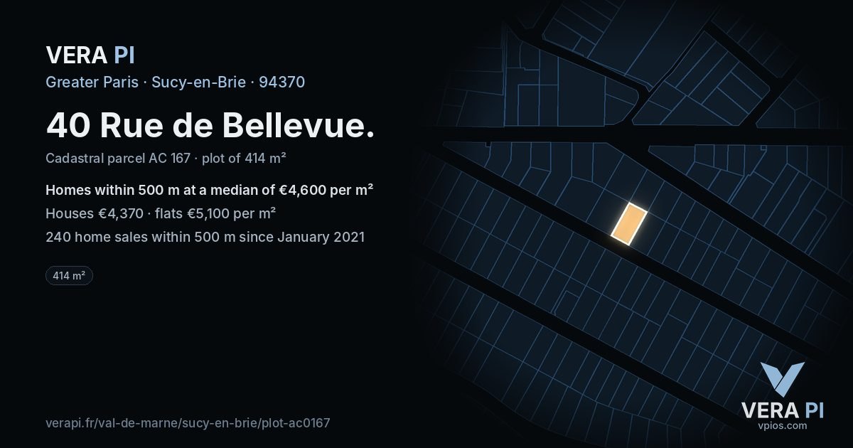 40 Rue de Bellevue, Sucy-en-Brie at night – the plot lit, the parcels around coloured by the prices near them