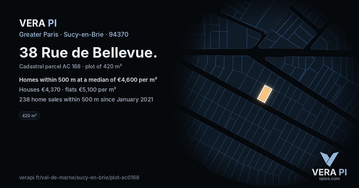 38 Rue de Bellevue, Sucy-en-Brie at night – the plot lit, the parcels around coloured by the prices near them