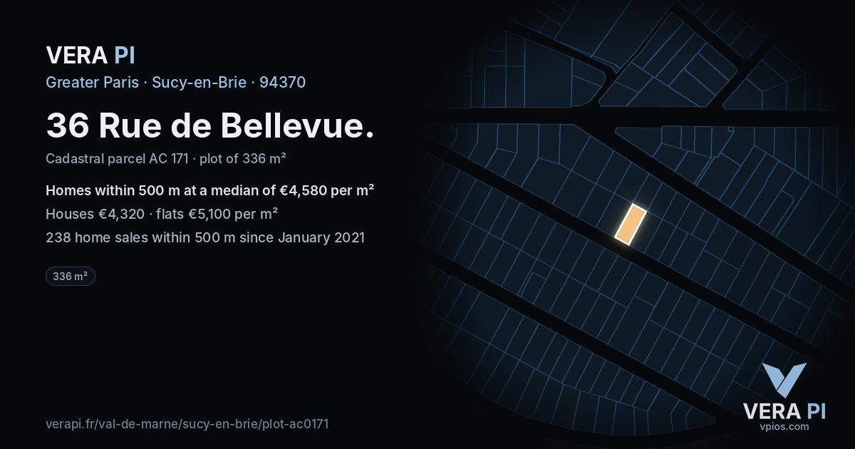 36 Rue de Bellevue, Sucy-en-Brie at night – the plot lit, the parcels around coloured by the prices near them