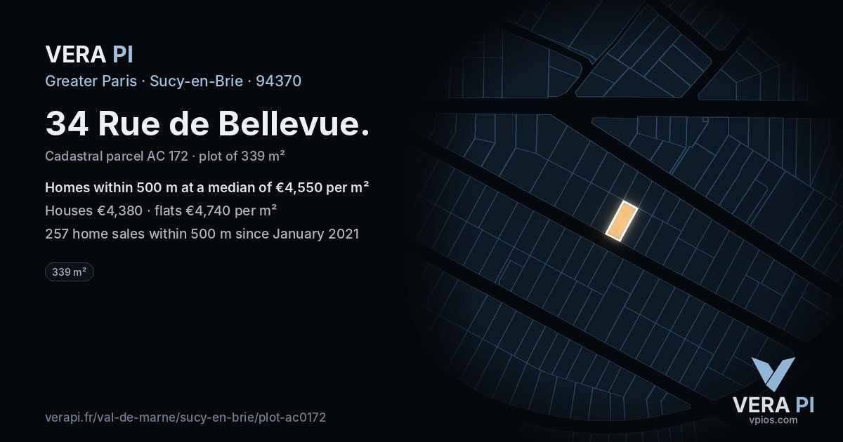 34 Rue de Bellevue, Sucy-en-Brie at night – the plot lit, the parcels around coloured by the prices near them