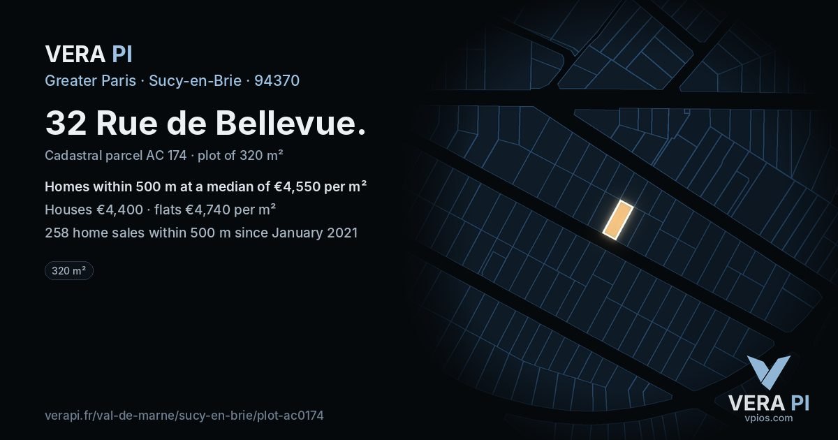 32 Rue de Bellevue, Sucy-en-Brie at night – the plot lit, the parcels around coloured by the prices near them