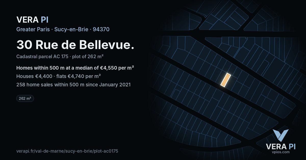 30 Rue de Bellevue, Sucy-en-Brie at night – the plot lit, the parcels around coloured by the prices near them