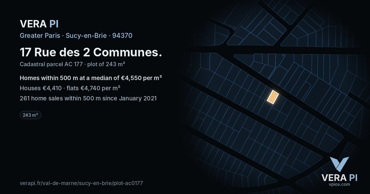 17 Rue des 2 Communes, Sucy-en-Brie at night – the plot lit, the parcels around coloured by the prices near them