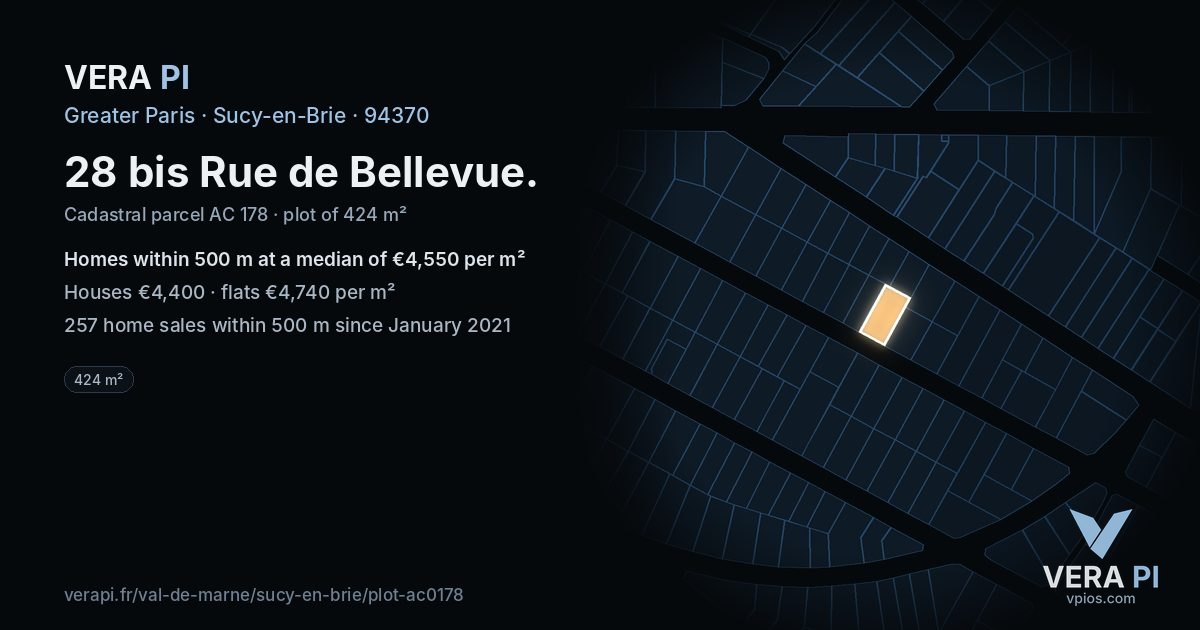 28 bis Rue de Bellevue, Sucy-en-Brie at night – the plot lit, the parcels around coloured by the prices near them