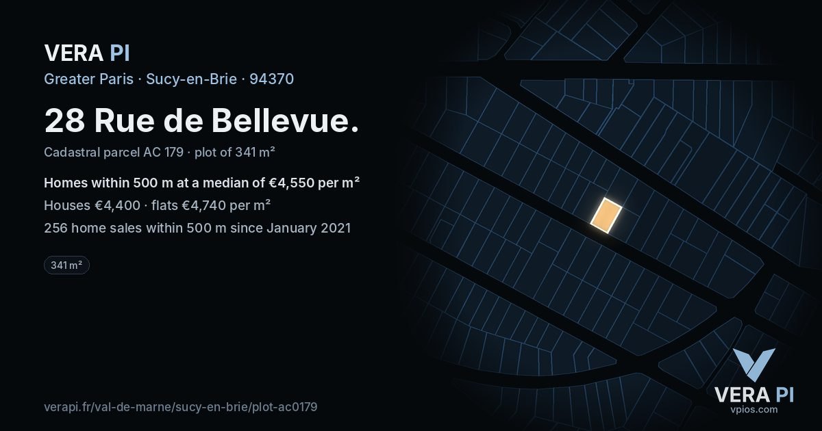 28 Rue de Bellevue, Sucy-en-Brie at night – the plot lit, the parcels around coloured by the prices near them