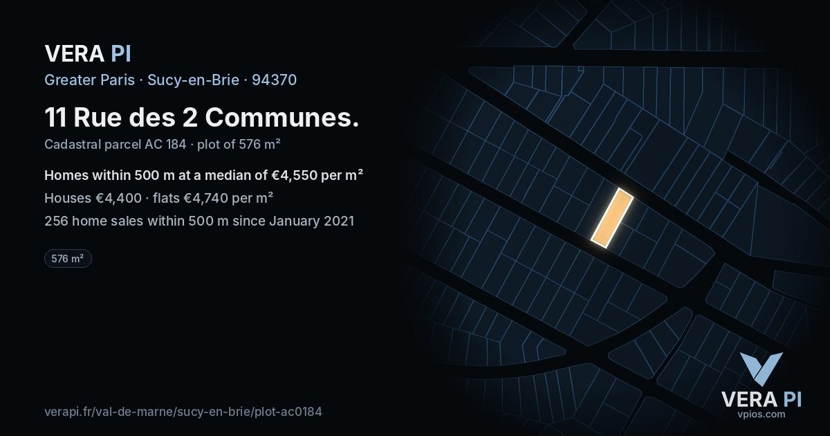 11 Rue des 2 Communes, Sucy-en-Brie at night – the plot lit, the parcels around coloured by the prices near them