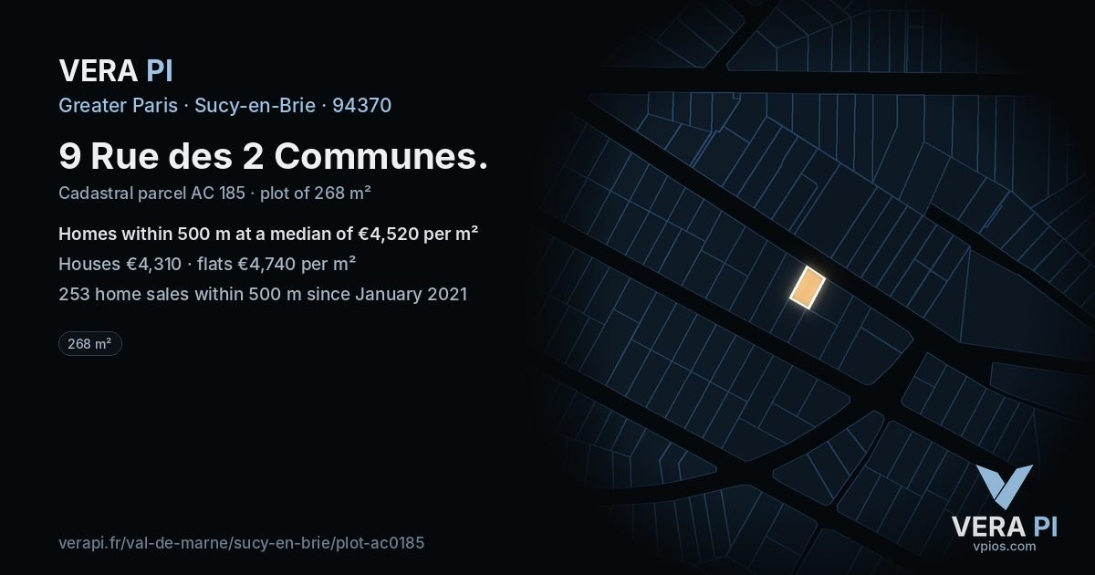 9 Rue des 2 Communes, Sucy-en-Brie at night – the plot lit, the parcels around coloured by the prices near them