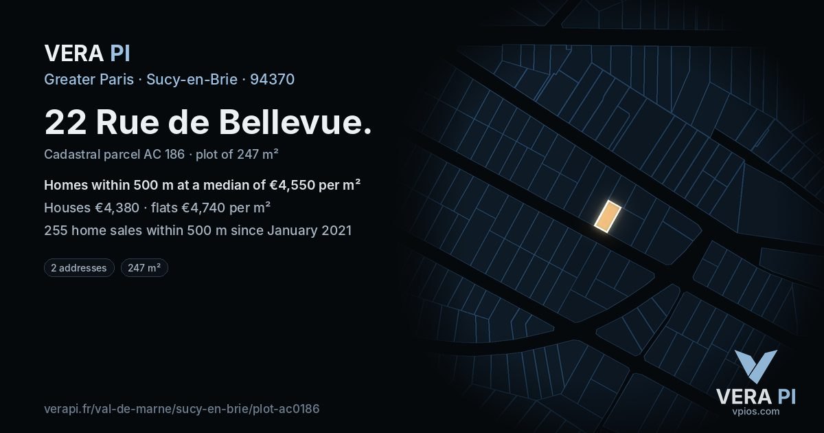 22 Rue de Bellevue, Sucy-en-Brie at night – the plot lit, the parcels around coloured by the prices near them