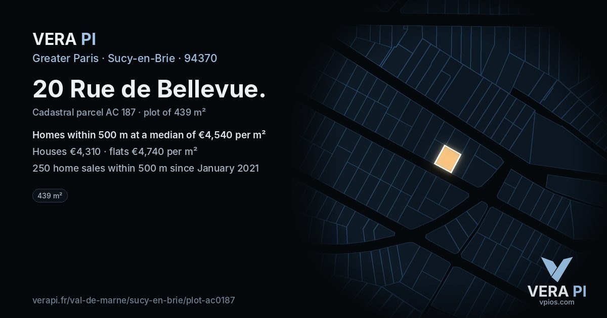 20 Rue de Bellevue, Sucy-en-Brie at night – the plot lit, the parcels around coloured by the prices near them