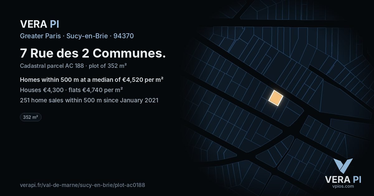 7 Rue des 2 Communes, Sucy-en-Brie at night – the plot lit, the parcels around coloured by the prices near them