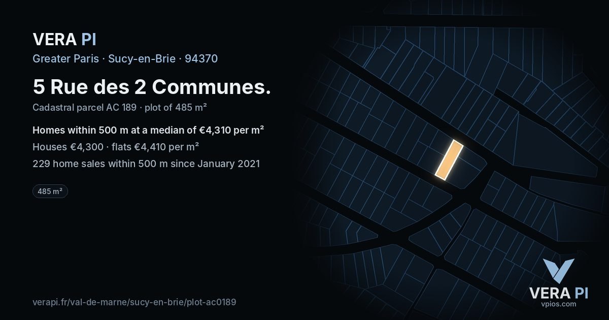 5 Rue des 2 Communes, Sucy-en-Brie at night – the plot lit, the parcels around coloured by the prices near them