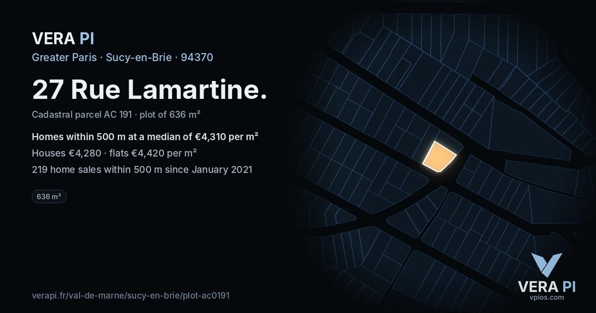 27 Rue Lamartine, Sucy-en-Brie at night – the plot lit, the parcels around coloured by the prices near them