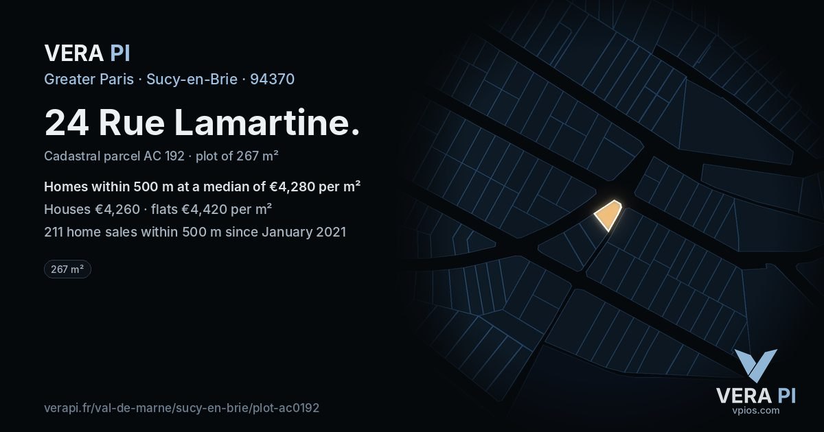 24 Rue Lamartine, Sucy-en-Brie at night – the plot lit, the parcels around coloured by the prices near them