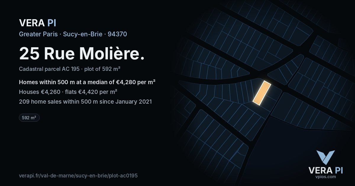 25 Rue Molière, Sucy-en-Brie at night – the plot lit, the parcels around coloured by the prices near them
