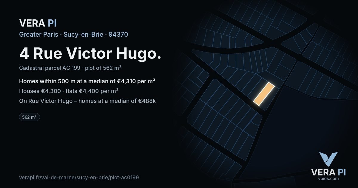 4 Rue Victor Hugo, Sucy-en-Brie at night – the plot lit, the parcels around coloured by the prices near them