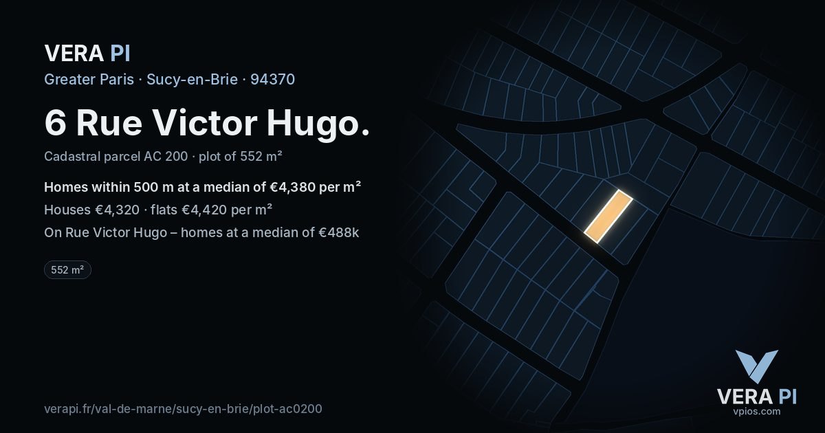 6 Rue Victor Hugo, Sucy-en-Brie at night – the plot lit, the parcels around coloured by the prices near them