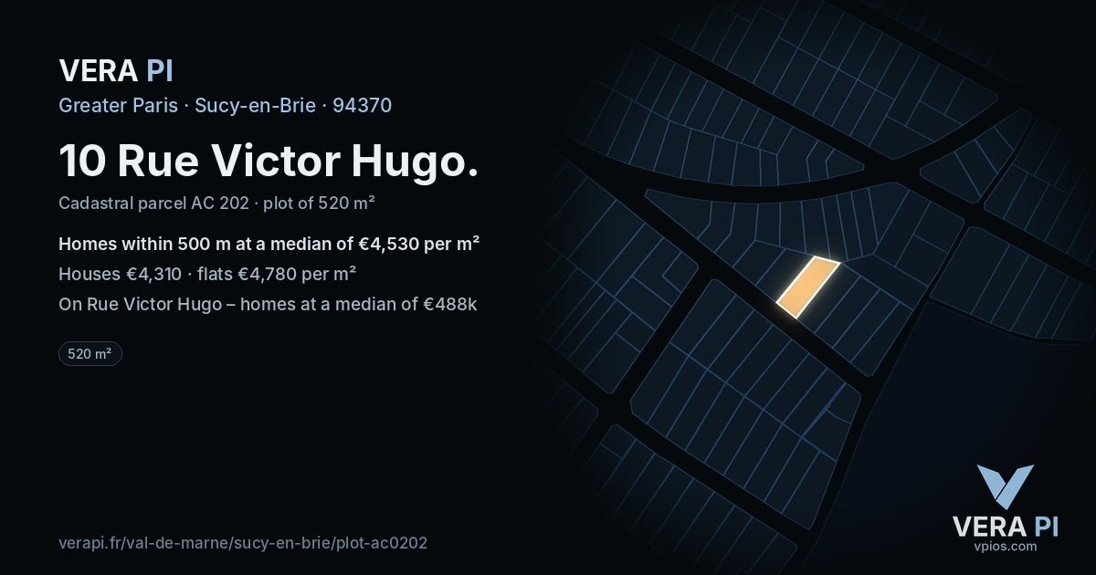 10 Rue Victor Hugo, Sucy-en-Brie at night – the plot lit, the parcels around coloured by the prices near them