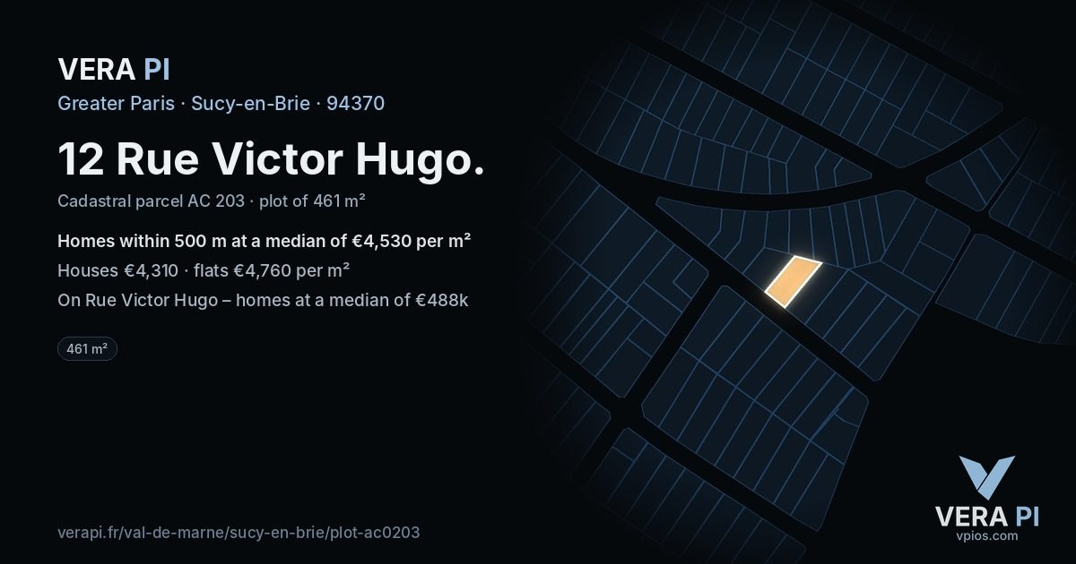 12 Rue Victor Hugo, Sucy-en-Brie at night – the plot lit, the parcels around coloured by the prices near them