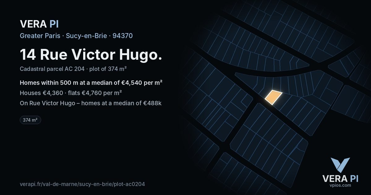 14 Rue Victor Hugo, Sucy-en-Brie at night – the plot lit, the parcels around coloured by the prices near them