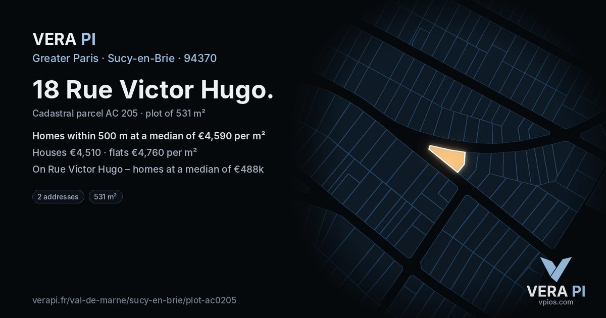 18 Rue Victor Hugo, Sucy-en-Brie at night – the plot lit, the parcels around coloured by the prices near them