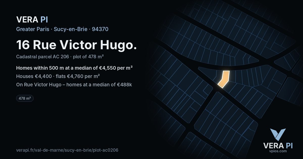 16 Rue Victor Hugo, Sucy-en-Brie at night – the plot lit, the parcels around coloured by the prices near them